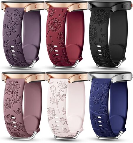 Sunnywoo 6 Pack Floral Engraved Watch Bands for Samsung Galaxy Watch 7/6/5/4 (40mm/44mm), 6/4 Classic, 5 Pro, 20mm Women Stylish Silicone Sport Strap for Daily Wear or Outdoor in Kuwait