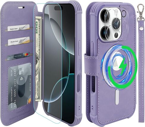 VANAVAGY Compatible for iPhone 16 Pro Wallet Case for Magsafe Wireless Charging, PU Leather Flip Folio Case [Screen Protector & Camera Lens Protector] with Strap RFID Block Card Holder,Clove Purple in Saudi Arabia