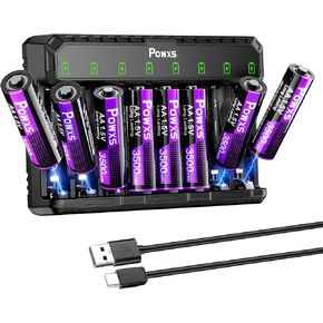 بطاريات Lithium AA القابلة لإعادة الشحن POWXS مع شاحن 8500 مللي أمبير ، و 2000 دورة LI-ION/NI-MH ، USB-C لتحكم الكاميرا/اللعبة الوميرة (AA/AAA LITHIUM Battery)