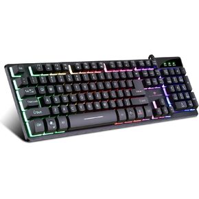 RGB Gaming Keyboard USB Wired Gaming Keyboard with Dedicated Media Controls, Multiple Color Rainbow LED Backlit, Spill-Resistant and Durable Design for Desktop, Laptop