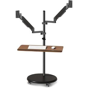 Dual Monitor Stand with Keyboard Tray Height Adjustable Gas Spring Monitor Arm Mount 14" 43" Mulitiuse Rolling Floor Stand Mobile Workstation Monitor Mount Stand