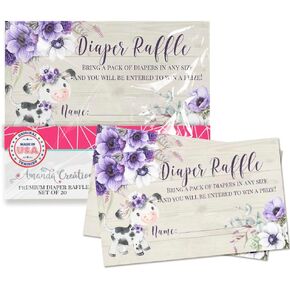 Amanda Creation Watercolor Purple Floral Cow Diaper Raffle Tickets for Baby Showers, 20 2" X 3" Double Sided Insert Cards for Games, Bring a Pack of Diapers to Win Favors & Prizes!