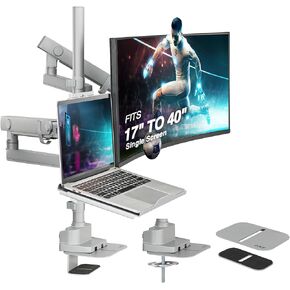 AVLT Laptop & 40 Inch Monitor Arm Pole Top Mount with USB-C USB-A Ports-Gray, VESA Compatible, Supports 26.4 lbs (12 kg), Ultrawide Screen Fit, Adjustable Height, Tilt Swivel Rotate, Cable Management