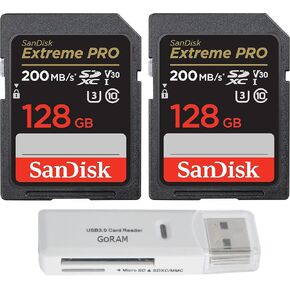 SanDisk 128GB Extreme Pro SDXC UHS-I Class 10 Memory Card C10, U3, 4k UHD, V30 SD Camera Card SDSDXXD-128G-GN4IN (2 Pack) Bundle with (1) GoRAM Card Reader