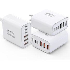 3 Pack 65W GaN Type C Wall Charger Block,6-Port Fast Charging Block,PD USB C Plug Adapter+QC Plug Compatible with Apple iPhone 16E/16Pro Max/16Plus/16/15/14/13/12/11/SE/XS Max,iPad Pro,AirPods(White)