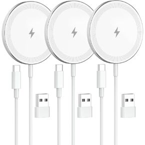 3-Pack Magnetic Wireless Charger Pad: 15W Fast Mag-Safe Qi Charging Pad for Apple - iPhone 16 16e 15 14 13 12 Series - AirPods 4 3 2 Pro - Home Office Travel (White)