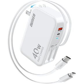 4-in-1 Retractable Wall Charger with Dual Ports and Dual Cables, 40W Fast Charging USB C Charger Block with Foldable Plug, Portable Travel Block for iPhone 16/15, iPad, Samsung, Pixel and More