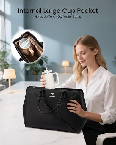 LoveVook Laptop Bag Bag للنساء مع حامل كوب كبير ، 15.6 بوصة بو حقيبة عمل حقيبة عمل معلم ، حقيبة مصحوبة للماء ، حقيبة يد حقيبة عمل على حقائب مكتب أعمال. in Saudi Arabia