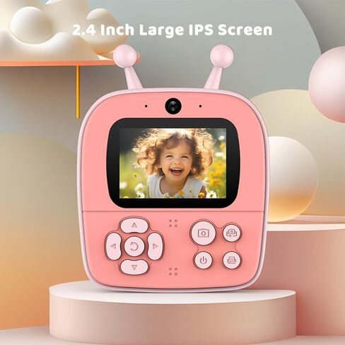 Kids Instant Print Camera Camera 1080p الكاميرا الرقمية العدسة المزدوجة 2.4 بوصة شاشة IPS مضمّنة في إطارات صور البطارية مع هدية عيد ميلاد ورق الطباعة الحرارية للأطفال in Kuwait