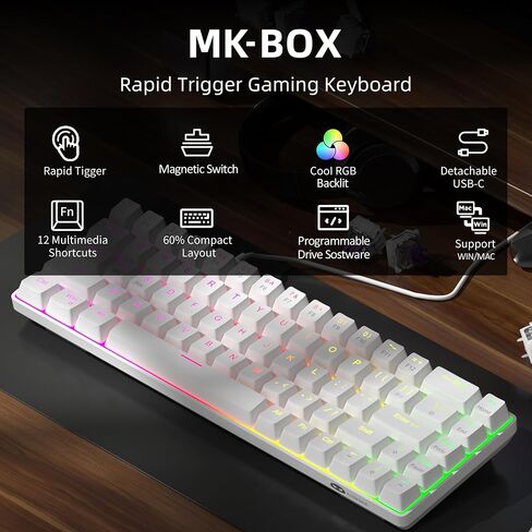 MageGee 60% Rapid Trigger Magnetic Switch Keyboard, Wired 68 Keys Hot Swappable Custom RGB Backlit Gaming Keyboard for Win/PC/MAC, White in Kuwait