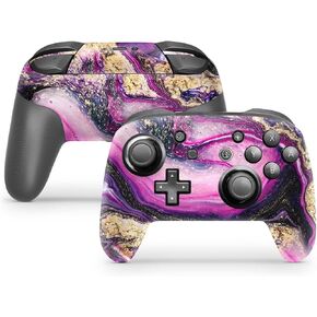 ZOOMHITSKINS Glitter Switch Pro Controller Skin, Compatible for Switch Controller Skin, Dark Pink Fuchsia Texture Gold Agate Mineral, 3M Vinyl Cover, Durable & Fit, Easy to Install, Made in The USA