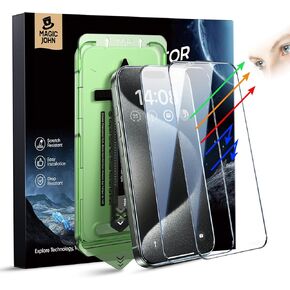 MAGIC JOHN 2PACK for iPhone 15 Pro Max (6.7") Eye Protection Screen Protector, HD Clear, Auto Dust-Elimination, 9H Tempered Glass & Scratch Resistance, Full Edge Coverage