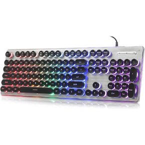 Typewriter Style Keyboard with Metal Panel, Rainbow LED Backlit, Round Keys, Anti-ghosting, Spill Resistant, Light Up USB Wired Retro 104 Keys for Office,Gaming, Black/Silver