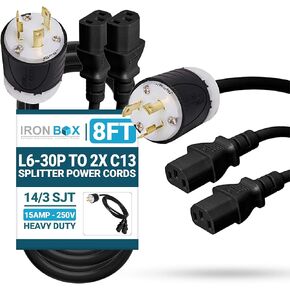 IronBox Electric L6-30P to 2X C13 Splitter Power Cords - 15A/250V, 14 AWG, 14/3 SJT - UL Listed Power Supply Cable - Heavy Duty Power Plug and Cord for Computer, Data Centers, Generator & More (8 ft)