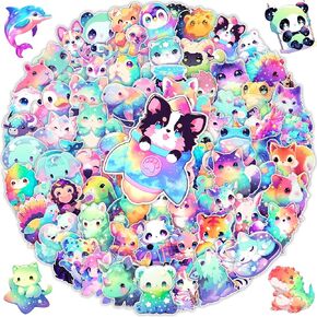 100Pcs Rainbow Galaxy Animal Stickers Pack for Kids Girls Teens,Kawaii Waterproof Vinyl Water Bottle Decals, Cute Cartoon Animal Sticker for Laptop Luggage Skateboard Teaching Rewards,Party Favors
