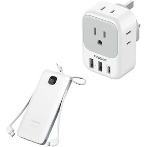 US to UK Plug Adapter, TESSAN Type G Travel Converter with 3 USB Charger(1 USB C Port) with Portable Phone Charger with Built in Cables, 10000mAh Power Bank