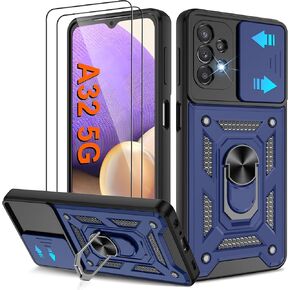 for Galaxy A32-5G Phone Case, Samsung A32 5G Case with (2 Pcs) HD Screen Protector, Heavy Duty Shockproof with 360° Rotation Kickstand [Military Grade] Protective Case for Galaxy A32 5G, Black