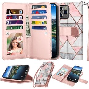 Njjex Wallet Case for iPhone 15 Pro 6.1" 2023, for iPhone 15 Pro Case, [9 Card Slots] PU Leather ID Credit Holder Folio Flip [Detachable] Kickstand Magnetic Phone Cover & Lanyard [Marble Pink]