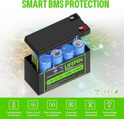 12V 10Ah LiFePO4 Lithium Battery,5000+ Deep Cycles,12 v lithium battery Built-in BMS for Solar Systems, Power Wheels,Electric Scooters,Marine, Fish Finder,Kids Ride-On Toys in Saudi Arabia