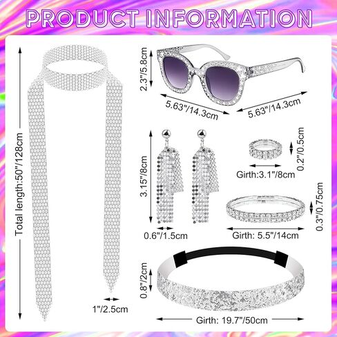 نوبغام مجموعة اكسسوارات ديسكو بنمط السبعينيات للنساء مكونة من 6 قطع، اقراط ديسكو ووشاح مزين بالترتر ونظارة شمسية وسوار وعصابة راس ومحفظة فضية in Kuwait
