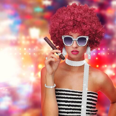 نوبغام مجموعة اكسسوارات ديسكو بنمط السبعينيات للنساء مكونة من 6 قطع، اقراط ديسكو ووشاح مزين بالترتر ونظارة شمسية وسوار وعصابة راس ومحفظة فضية in Kuwait