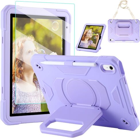 حالة لـ iPad (A16) 2025 11th Gen 10.9 '' '، iPad 10th Generation 2022 10.9' '، مع حامي الشاشة الزجاجية المقسى ، حالة طفل وعرة مع حزام الكتف/حامل قلم رصاص/موقف قابل للطي (أرجواني خفيف) in Kuwait