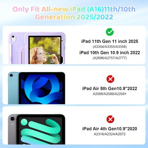 حالة لـ iPad (A16) 2025 11th Gen 10.9 '' '، iPad 10th Generation 2022 10.9' '، مع حامي الشاشة الزجاجية المقسى ، حالة طفل وعرة مع حزام الكتف/حامل قلم رصاص/موقف قابل للطي (أرجواني خفيف) in Kuwait