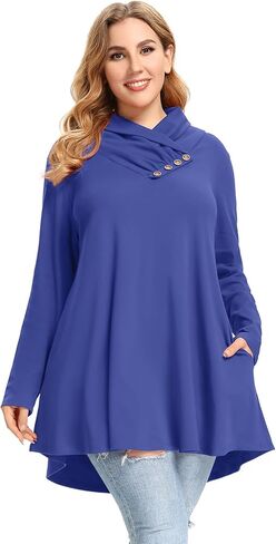 LARACE Cowl Neck Sweatshirts For Women Plus Size Tops With Pockets Long Sleeve Tunic Casual Pullover Button Down Shirt in Kuwait