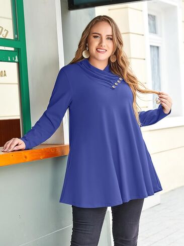 LARACE Cowl Neck Sweatshirts For Women Plus Size Tops With Pockets Long Sleeve Tunic Casual Pullover Button Down Shirt in Kuwait
