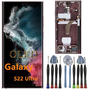 OLED Galaxy S22 Ultra Screen Replacement for Samsung S22ultra 5G Display Touch Screen Digitizer Assembly S908U S908B/DS S908U1 S908W S908E LCD Support Fingerprint and S-Pen (with Red Frame+Tools)
