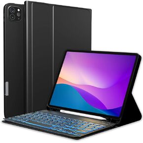 iPad Air 5th / 4th Generation Case with 7-Color Backlit Bluetooth Keyboard, Smart Stain Resistant Protective Cover & Pencil Holder (Black)