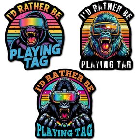 (3 PCs) I'd Rather Be Playing Tag Sticker 3 Designs Gorilla Wearing VR Gamer Gaming Vinyl Decal Suitable for Laptop Water Bottle Phone Car Window Vinyl Waterproof Stickers 3 Inches