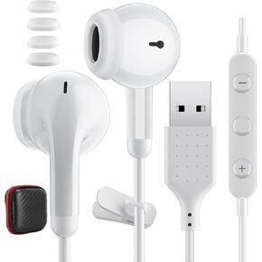 USB Earbuds with Microphone for PC 2.3M in-Ear USB Headphones for Computer Noise Isolation Hi-Fi Stereo Volume Control Laptop Wired Earphones for Dell HP for Surface Desktop School Office Zoom Working