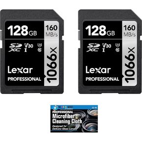 Lexar 128GB Professional 1066x SDXC Class 10 UHS-I Memory Card 2-Pack Bundle with Microfiber Cloth