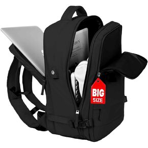 OKAERI. Extra Large Travel Backpack 40L Women Men Carry On USB Port Shoe Pouch Flight Approved Hiking Waterproof Outdoor Sports Rucksack Casual Daypack Travel Essential 18"x12" x8" (Black)