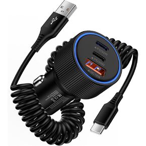 Car Charger,78W Car Charger USB C for iPhone 16e/16 Pro/16 Pro Max/16 Plus/16/15 14 13 12 11,Fast Charging car charger Cigarette Lighter Adapter 6FT Type C Coiled Cable for Samsung Galaxy S25 Edge A16