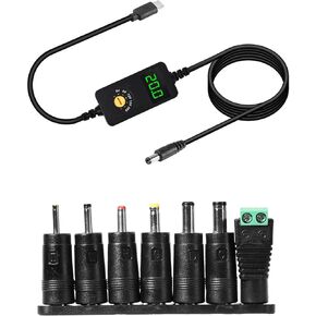3.94FT USB C to DC PD Adapter Cable with 7 Connector Tips, Adjustable Voltage 5V/9V/12V/15V/20V PD Fast Charging Cable, LED Display, Type-C to DC Power Cable for Multiple Devices