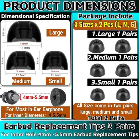 Memory Foam Earbud Tips，Replacement Earbud Tips Ear Bud Replacement Tip Memory Foam Ear Tips IEM Ear Tips Earbud Replacement Tips for 4.0mm Connect Hole Most in-Ear Headphones (S/M/L Total 3 Pairs) in Kuwait