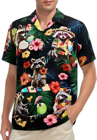 قميص هاواي للرجال بأكمام قصيرة، قميص صيفي استوائي للشاطئ، قميص كاجوال بأزرار سفلية، قميص ألوها، أشجار النخيل، أحمر M in Kuwait