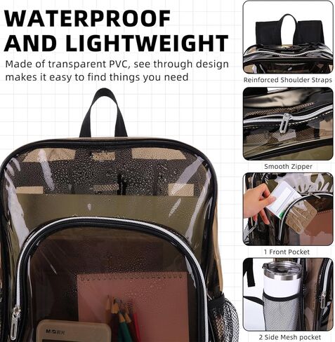 Amylove 32 Pack واضحة على ظهر الظهر بشكل كبير PVC PVC Black Black Propack 15 "انظر من خلال حقائب العمل الرياضي للجنسين in Kuwait
