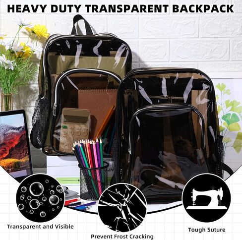 Amylove 32 Pack واضحة على ظهر الظهر بشكل كبير PVC PVC Black Black Propack 15 "انظر من خلال حقائب العمل الرياضي للجنسين in Kuwait