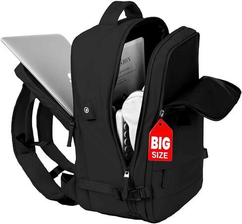 OKAERI. Extra Large Travel Backpack 40L Women Men Carry On USB Port Shoe Pouch Flight Approved Hiking Waterproof Outdoor Sports Rucksack Casual Daypack Travel Essential 18"x12" x8" (Black) in Saudi Arabia