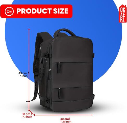 OKAERI. Extra Large Travel Backpack 40L Women Men Carry On USB Port Shoe Pouch Flight Approved Hiking Waterproof Outdoor Sports Rucksack Casual Daypack Travel Essential 18"x12" x8" (Black) in Saudi Arabia