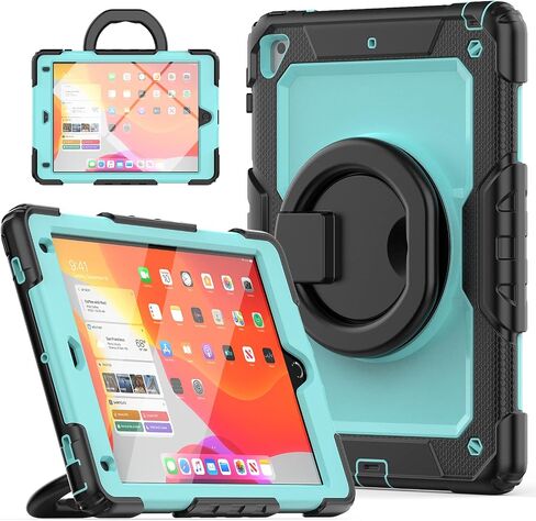 علبة مقاومة للصدمات الثقيلة لجيل iPad Air 2 ، 3 طبقات هجينة مقاومة للصدمات لكامل الجسم لجيل iPad 9.7 6th/5 ، W 360 ° مقبض القابل للدوار + حزام الكتف ، Aqua + Black in Kuwait