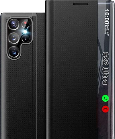 حالة مرآة نحيفة لـ Samsung Galaxy S22 Ultra 5G ، نافذة View Clear ، الجلود ، الوجه ، مضاد للانزلاق ، مضاد للأصفر ، Kickstand ، أسود كلاسيكي in Kuwait