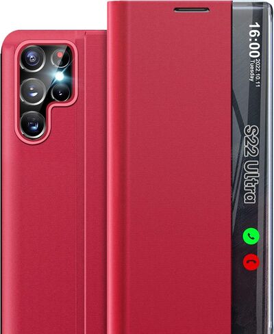 حالة مرآة نحيفة لـ Samsung Galaxy S22 Ultra 5G ، نافذة View Clear ، الجلود ، الوجه ، مضاد للانزلاق ، مضاد للأصفر ، Kickstand ، أسود كلاسيكي in Kuwait