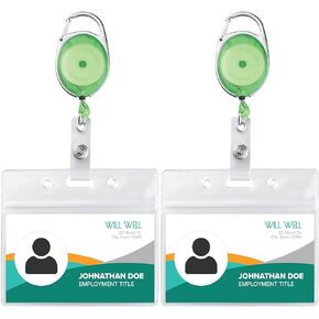 Will Well ID Badge Holders with Clip and Keyring - Vertical Clear Plastic 2.52" x 3.58" Sleeves Fit Up to 3 Cards - Retractable 24" UHMWPE Fiber Pull Cords for Easy Access - 2-Pack, Black Reels