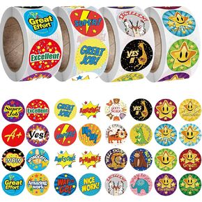 2000 Pieces 1 Inch Reward Stickers for Teachers Motivational Stickers for Children,Self-Adhesive Labels Fun Motivational Stickers for Student,4 Rolls 32 Styles Labels