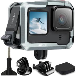 FitStill Aluminum Cage Protective Case Frame Housing for Go Pro Hero 12 11 10 9 Black, with Camera Replace Side Door and Double Cold Shoe Connect to Video Light Microphone