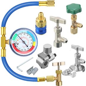 R134a Refrigerator Refrigerant Recharge Kit with R134a Charging Hose with Gauge Piercing Tap Valve Refrigerant Can Tap for Air Conditioner Supplies, 7 Pieces
